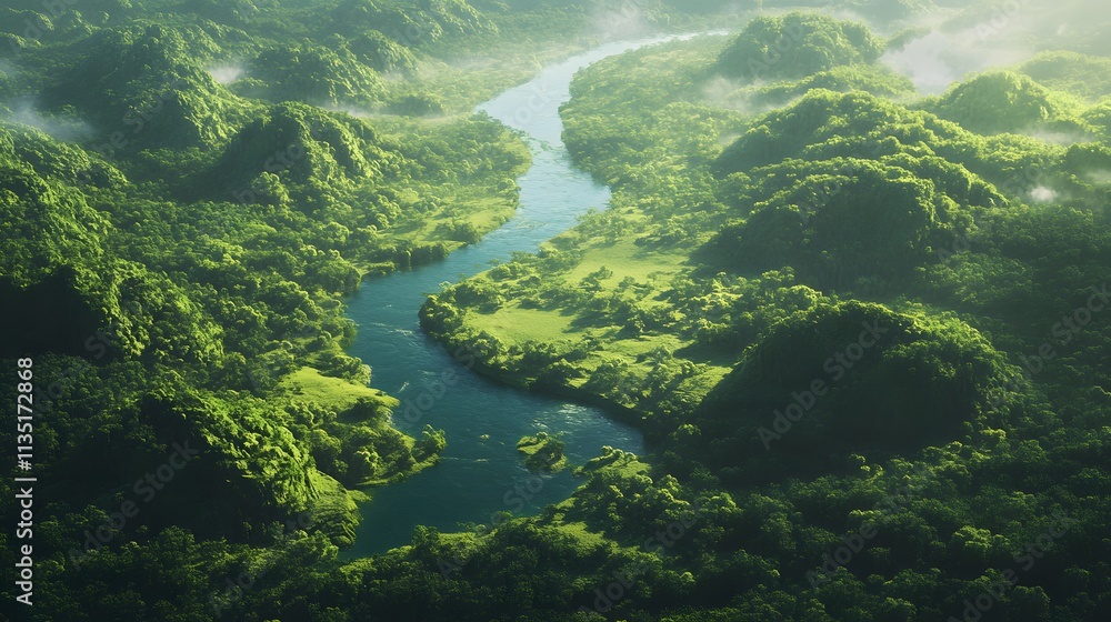 Lush greenery surrounds a winding river in a misty landscape at dawn Lush greenery surrounds a winding river in a misty landscape at dawn