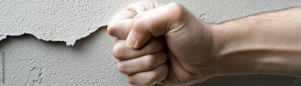 A clenched fist striking a textured wall, conveying emotions like frustration, anger, or determination. A clenched fist striking a textured wall, conveying emotions like frustration, anger, or determination.