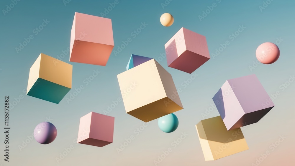 Colorful geometric shapes floating against a soft gradient background, featuring pastel cubes and spheres, evoking a playful and modern aesthetic. Colorful geometric shapes floating against a soft gradient background, featuring pastel cubes and spheres, evoking a playful and modern aesthetic.