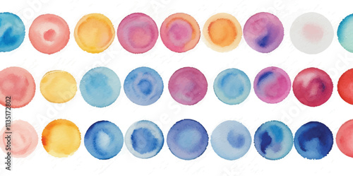 A vibrant collection of multicolor watercolor circles, created with bold brushstrokes, set against a clean white background for a dynamic and expressive artistic design.