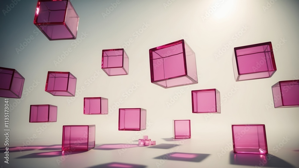 Floating pink glass cubes with soft shadows create a surreal atmosphere, embodying modernity and innovation. Floating pink glass cubes with soft shadows create a surreal atmosphere, embodying modernity and innovation.