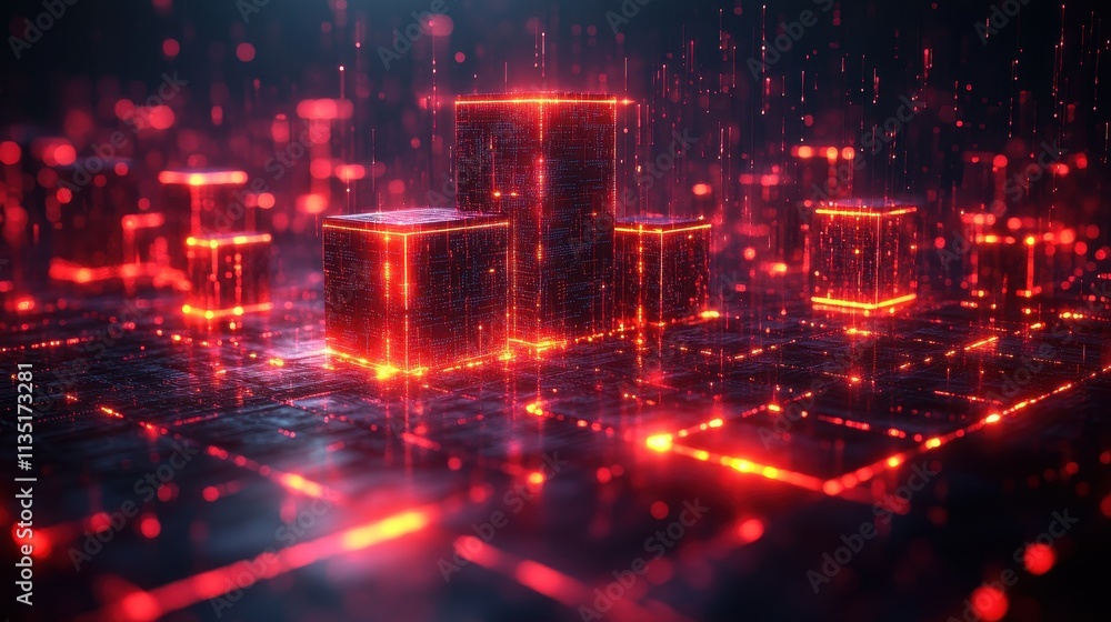 Abstract Red Data Network Glowing Cubic Structures and Light Trails on a Digital Grid Background. Abstract Red Data Network Glowing Cubic Structures and Light Trails on a Digital Grid Background.