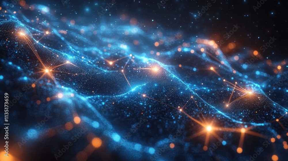 Obraz premium Futuristic Deep Space Network with Glowing Nodes and Dynamic Mesh.