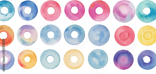 A vibrant collection of multicolor watercolor circles, created with bold brushstrokes, set against a clean white background for a dynamic and expressive artistic design.