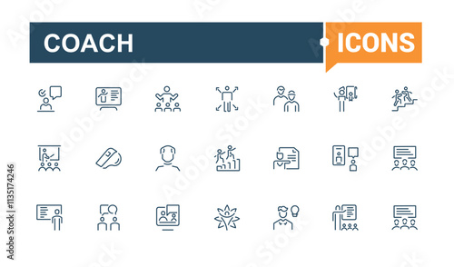 Coach line icon collections. Includes icons for counselor, leadership, manager, training, motivation, teamwork, method, mentoring. Thin outline icons pack. Vector illustration in modern line style.
