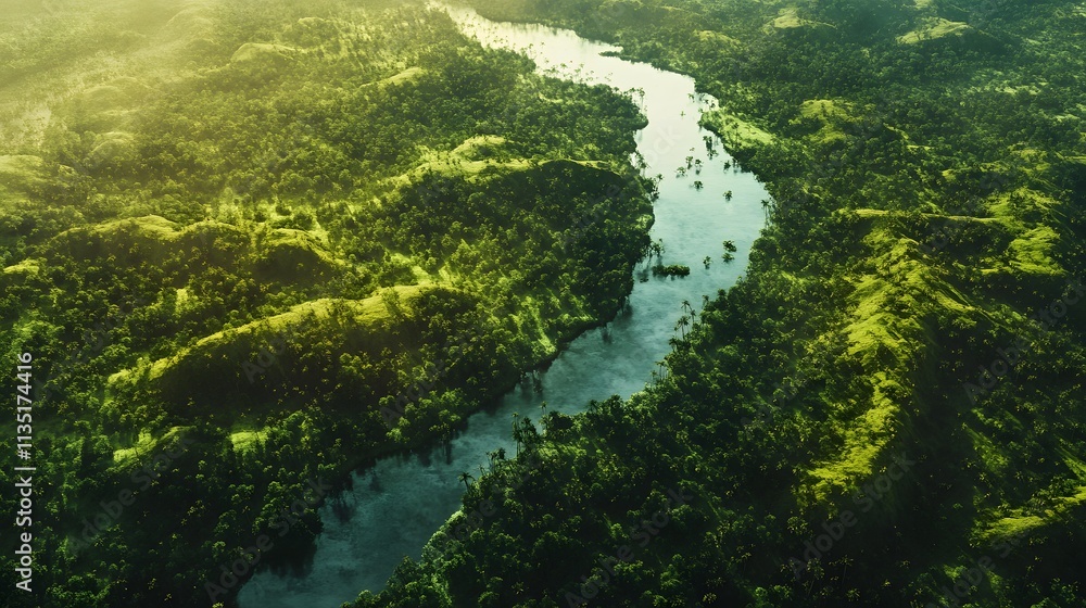 Lush greenery surrounds a winding river in a misty landscape at dawn Lush greenery surrounds a winding river in a misty landscape at dawn