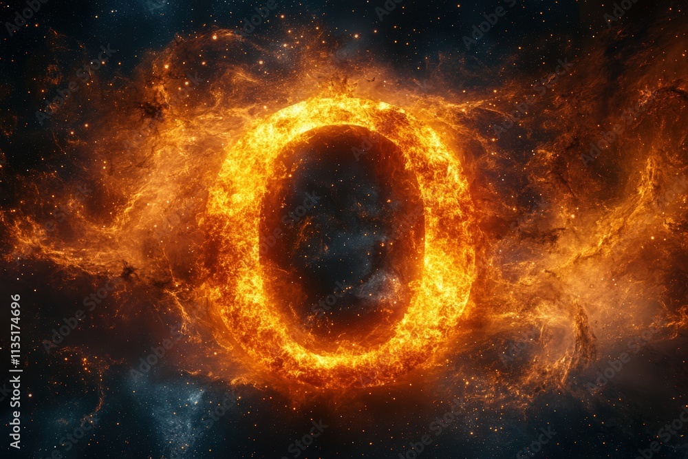 Fototapeta premium Black hole over star field, abstract space wallpaper, letter O formed by black hole's gravitational lensing