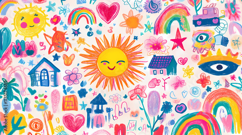Colorful doodle collection of flowers, sun, rainbows, hearts, stars, houses, and eyes on notebook paper. Parhelion. Illustration