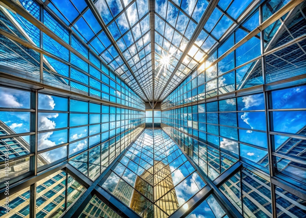 Stunning Long Exposure of a Glass Ceiling Reflecting a Clear Blue Sky with Minimalistic Architectural Elements in a Modern Urban Environment Captured in 4K Quality Stunning Long Exposure of a Glass Ceiling Reflecting a Clear Blue Sky with Minimalistic Architectural Elements in a Modern Urban Environment Captured in 4K Quality