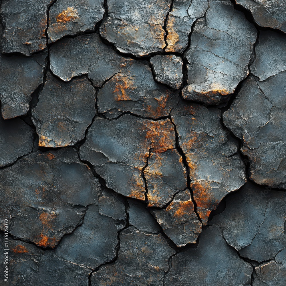 Abstract Cracked Rock Texture with Rust Patina, Dark Grey Stone Surface.