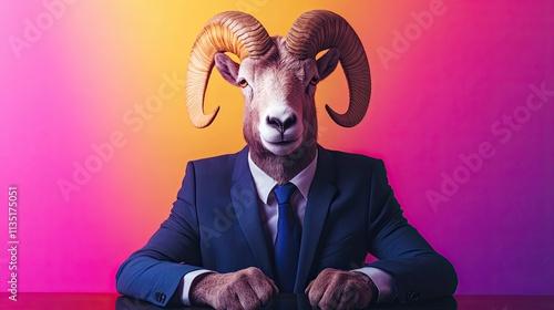 ram. in a business suit. at the work desk in the office. on an isolated multi-colored bright background