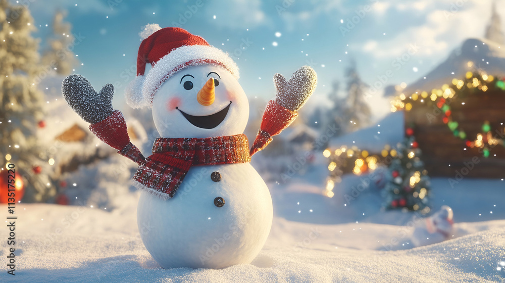 Cheerful snowman in a winter landscape, surrounded by festive decorations, spreading holiday joy and festive greetings for Christmas and New Year celebrations Cheerful snowman in a winter landscape, surrounded by festive decorations, spreading holiday joy and festive greetings for Christmas and New Year celebrations