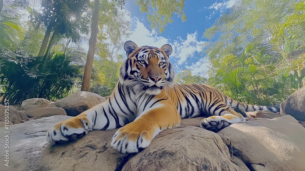 Fototapeta premium Majestic tiger resting on rocks in lush tropical environment.