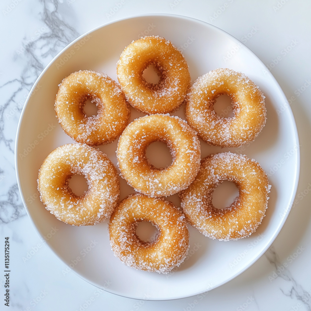 Golden mini doughnuts coated in fine sugar, arranged on a white plate for a sweet treat or party snack with a classic and simple presentation Golden mini doughnuts coated in fine sugar, arranged on a white plate for a sweet treat or party snack with a classic and simple presentation