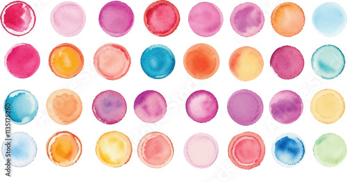 A vibrant collection of multicolor watercolor circles, created with bold brushstrokes, set against a clean white background for a dynamic and expressive artistic design.