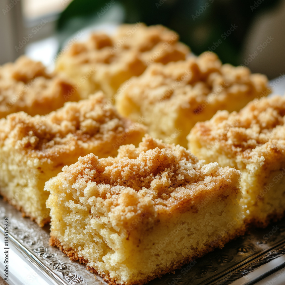 Soft and moist crumb cake with a golden streusel topping, cut into squares and arranged on a decorative glass tray for a sweet dessert treat Soft and moist crumb cake with a golden streusel topping, cut into squares and arranged on a decorative glass tray for a sweet dessert treat