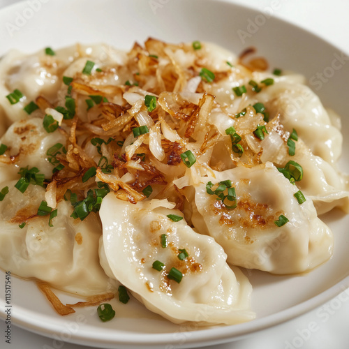 Traditional Polish pierogi topped with caramelized onions and fresh chives, served on a white plate as a comforting and flavorful dish