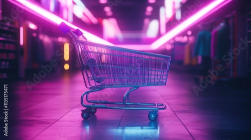 Wallpaper Mural Empty shopping cart in neon-lit store aisle. Torontodigital.ca