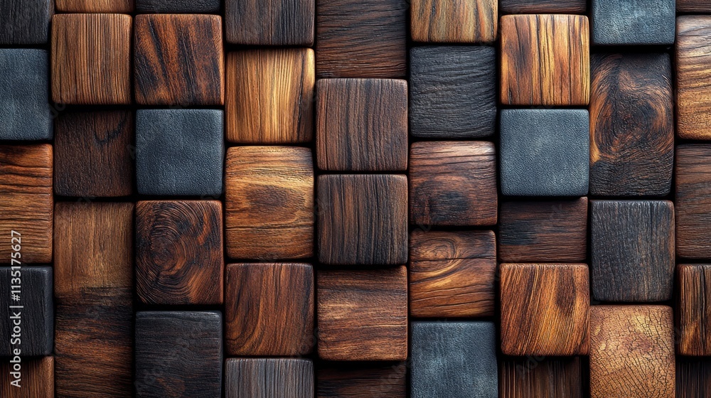 Textured Wooden Blocks Background, Dark Wood Grain and Leather Accents. Textured Wooden Blocks Background, Dark Wood Grain and Leather Accents.