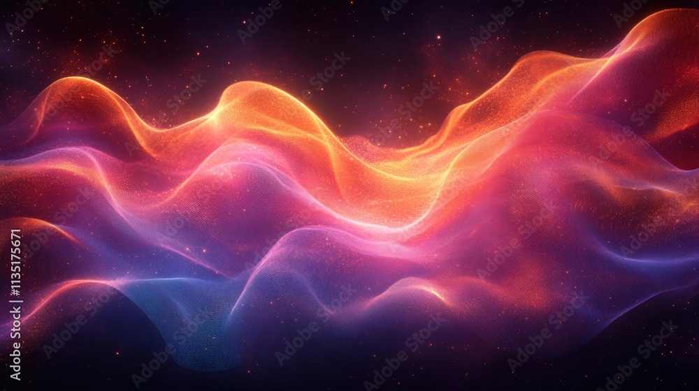Abstract Flowing Energy Wave with Cosmic Sparkles, Glowing Particle Gradient Background. Abstract Flowing Energy Wave with Cosmic Sparkles, Glowing Particle Gradient Background.