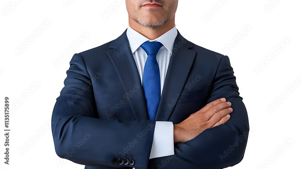 Confident Businessman in Formal Suit with Arms Crossed Portraying Authority and Professionalism Against a Clean White Background Confident Businessman in Formal Suit with Arms Crossed Portraying Authority and Professionalism Against a Clean White Background