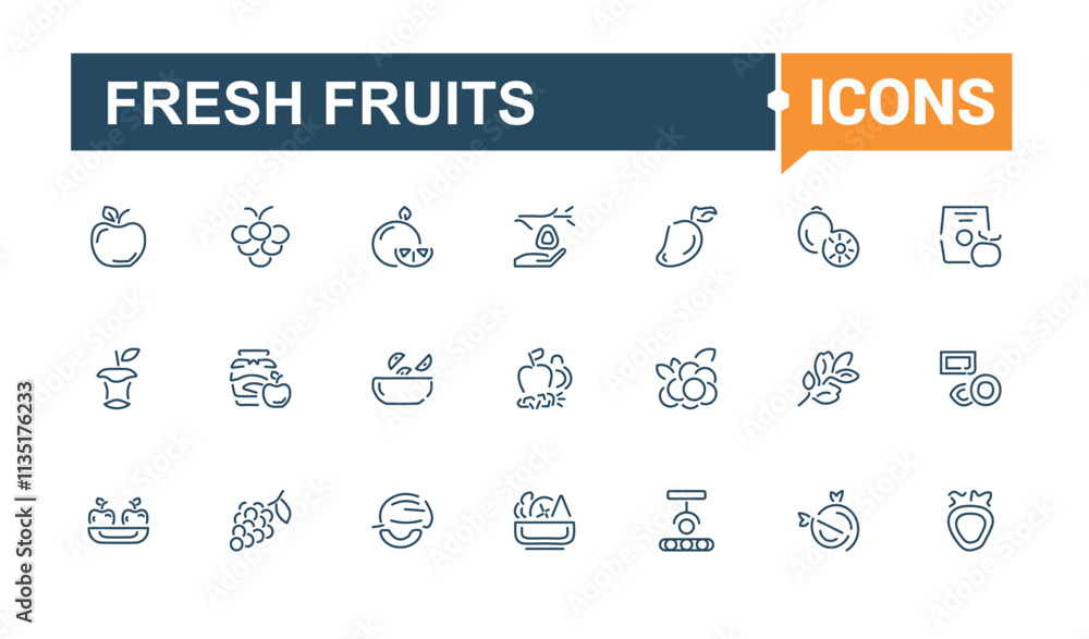 Fresh Fruits vector line icon set. Contains related to pear, avocado, tropical, d, web, peach, berry, fruit. Outline symbol collection. Editable stroke. Fresh Fruits vector line icon set. Contains related to pear, avocado, tropical, d, web, peach, berry, fruit. Outline symbol collection. Editable stroke.