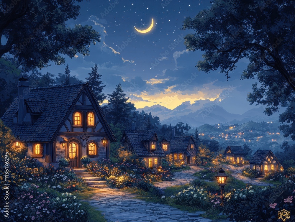 Enchanting Village at Dusk with Crescent Moon and Warm Lit Cottages, Fantasy Scenery. Enchanting Village at Dusk with Crescent Moon and Warm Lit Cottages, Fantasy Scenery.