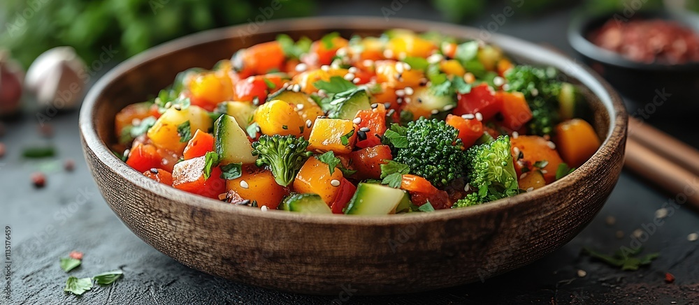 Colorful vegetable stir-fry in a wooden bowl. Colorful vegetable stir-fry in a wooden bowl.