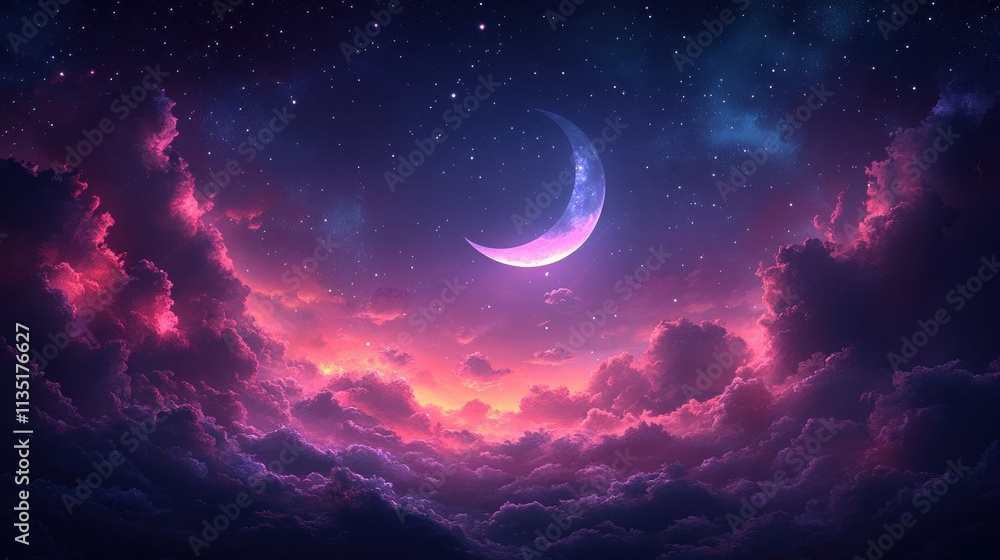 Dreamy Crescent Moonscape with Pink and Purple Cloudscape and Starry Night Sky. Dreamy Crescent Moonscape with Pink and Purple Cloudscape and Starry Night Sky.