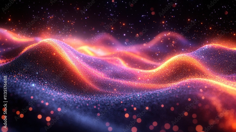 Abstract Dynamic Glowing Particle Waves in a Dark Space with Starry Background. Abstract Dynamic Glowing Particle Waves in a Dark Space with Starry Background.