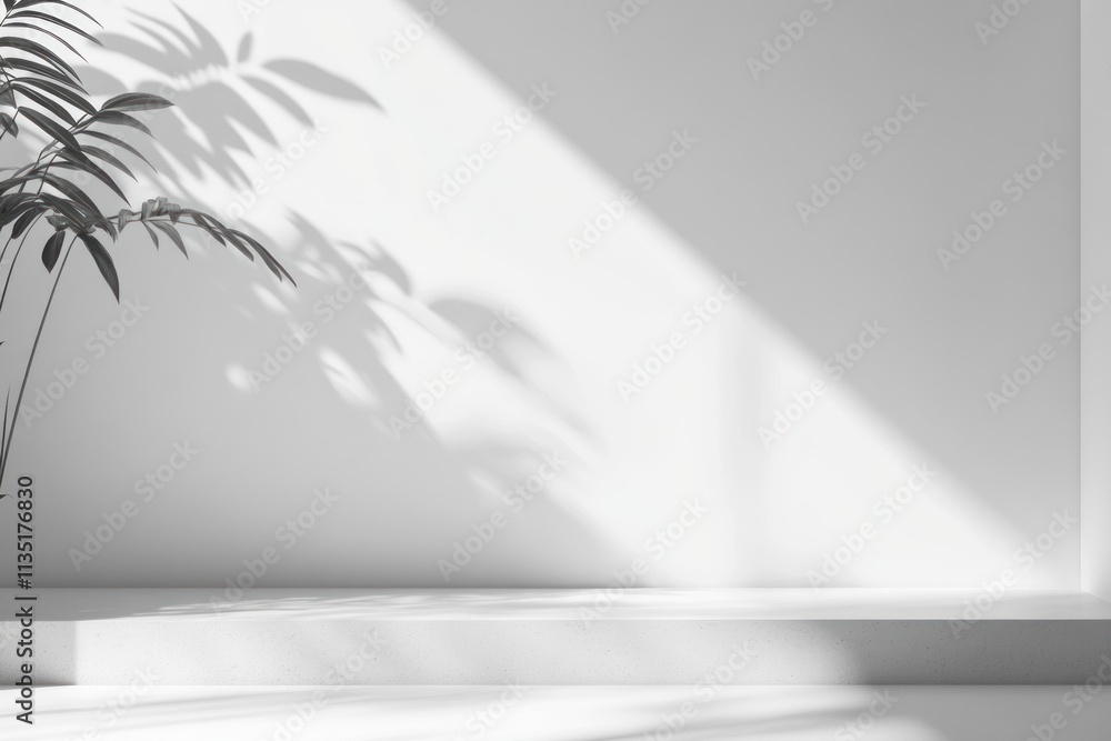 Minimalist white room with plant shadow and platform. Minimalist white room with plant shadow and platform.
