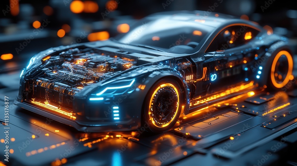 Futuristic Electric Sports Car with Transparent Engine and Glowing Neon Lights - 3D Render Futuristic Electric Sports Car with Transparent Engine and Glowing Neon Lights - 3D Render