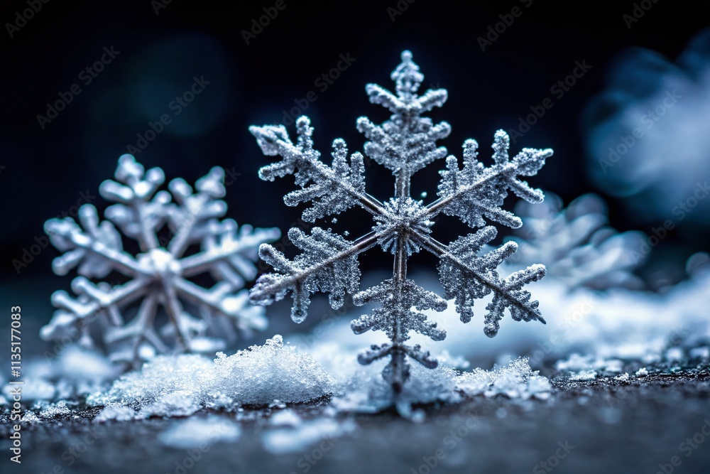 Stunning Minimalist Photography of Unique Snowflakes Against a Deep Black Background, Capturing the Intricate Patterns and Delicate Beauty of Winter's Natural Artwork Stunning Minimalist Photography of Unique Snowflakes Against a Deep Black Background, Capturing the Intricate Patterns and Delicate Beauty of Winter's Natural Artwork