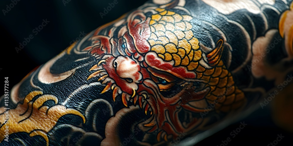Intricate dragon tattoo wraps around arm showcasing artistry and design in a dark setting Intricate dragon tattoo wraps around arm showcasing artistry and design in a dark setting