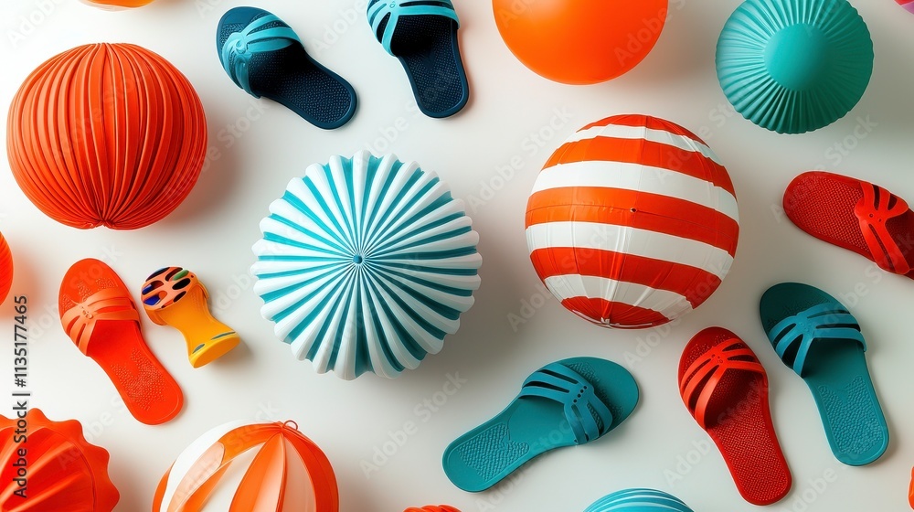Naklejka premium Colorful Summer Beach Objects Fun with Flip Flops and Beach Balls Coastal Vibes Lifestyle Photography