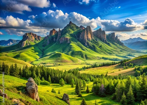 Stunning Mountain Landscape of Tuimsky Failure in Khakassia, Russia: Majestic Peaks Under a Clear Sky with Lush Green Valleys and Expansive Copy Space for Text or Graphics photo