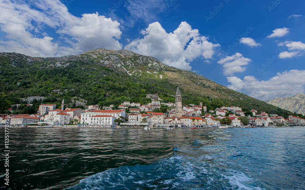 Perast traditional balkan village mountain landscape by kotor bay montenegro