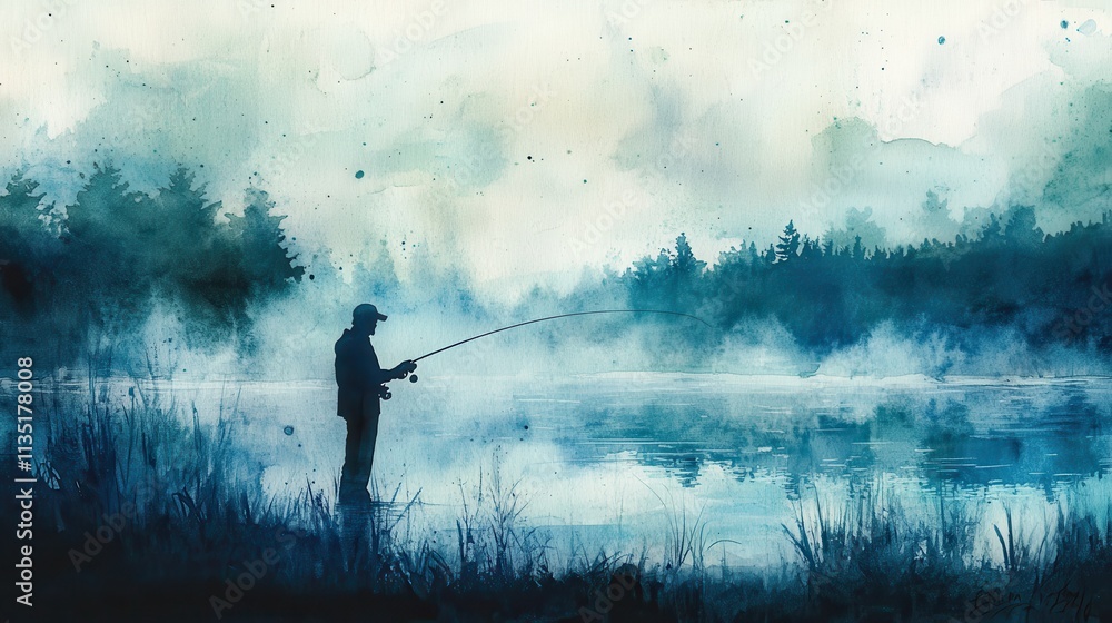 Serene Watercolor Painting of a Fisherman on a Misty Lake at Dawn - Tranquil Fishing Scene, Blue and Green Hues Serene Watercolor Painting of a Fisherman on a Misty Lake at Dawn - Tranquil Fishing Scene, Blue and Green Hues