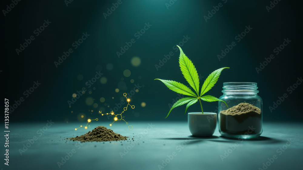 Image shows a jar of THC-A crystals with a potted cannabis plant next to it. There are sparkles around the crystal, symbolizing purity or potency. The background is dark blue. Image shows a jar of THC-A crystals with a potted cannabis plant next to it. There are sparkles around the crystal, symbolizing purity or potency. The background is dark blue.