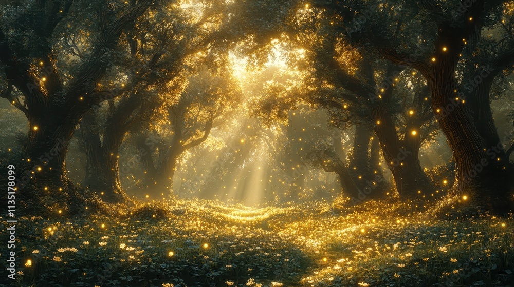 Fototapeta premium Enchanting Golden Hour Forest Scene Magical Firefly Lit Pathway Through Mystical Woods with Blooming Flowers