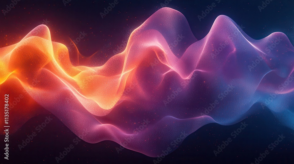 Abstract Glowing Wave of Mesh with Gradient and Particles on Dark Background. Abstract Glowing Wave of Mesh with Gradient and Particles on Dark Background.