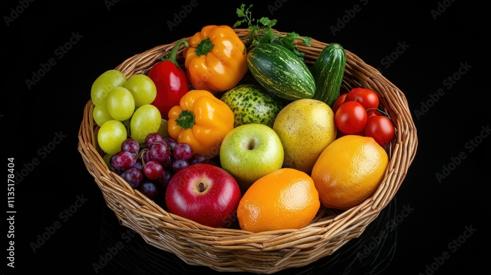 Colorful fruits and vegetables in a wicker basket Colorful fruits and vegetables in a wicker basket