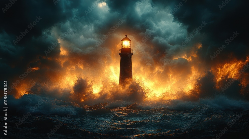 Dramatic Lighthouse Scene at Dusk Amidst Fiery Waves and Stormy Skies. Dramatic Lighthouse Scene at Dusk Amidst Fiery Waves and Stormy Skies.