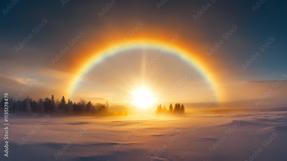 A captivating image of sun dogs flanking a bright sun, visible as colorful halos of red, yellow, and blue in a frosty sky, suggesting a chilly but sunny winter day. Parhelion. Illustration A captivating image of sun dogs flanking a bright sun, visible as colorful halos of red, yellow, and blue in a frosty sky, suggesting a chilly but sunny winter day. Parhelion. Illustration
