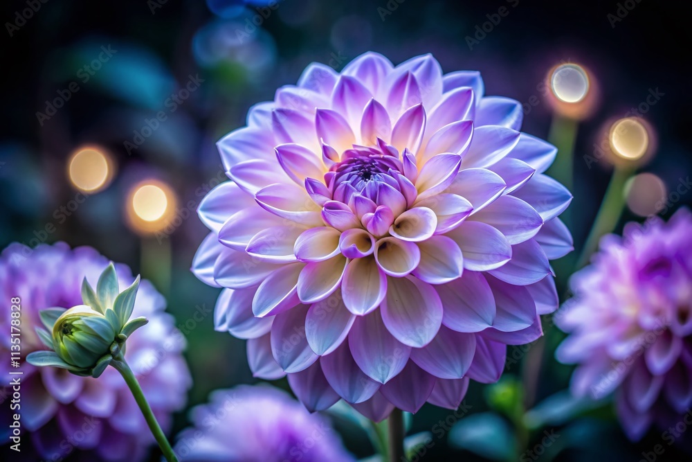 Stunning Night Photography of Lilac White Dahlia Flower Closeup in a Serene Garden Setting, Showcasing Delicate Petals and Soft Lighting for Nature Lovers Stunning Night Photography of Lilac White Dahlia Flower Closeup in a Serene Garden Setting, Showcasing Delicate Petals and Soft Lighting for Nature Lovers