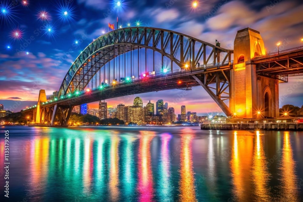 Fototapeta premium Stunning Night View of Sydney Bridge with Bokeh Lights Creating a Dreamy Atmosphere Perfect for Travel Photography and Urban Landscapes, Showcasing the Beauty of Australia's Iconic Landmark