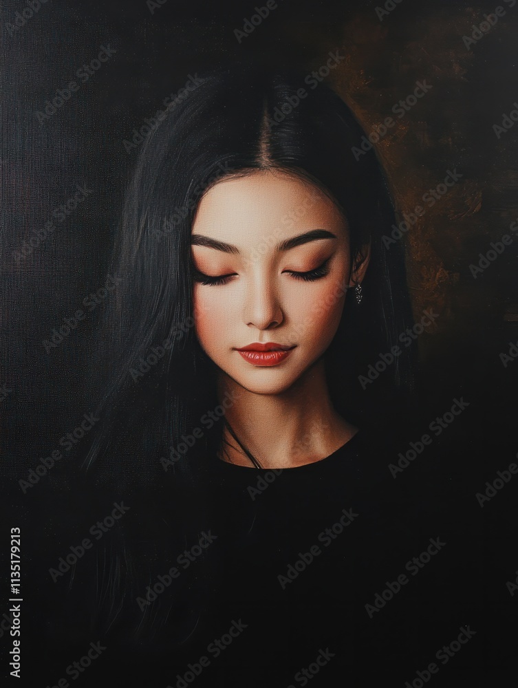 Art portrait image of a beautiful asian woman with feeling peaceful in shadow and light background Art portrait image of a beautiful asian woman with feeling peaceful in shadow and light background