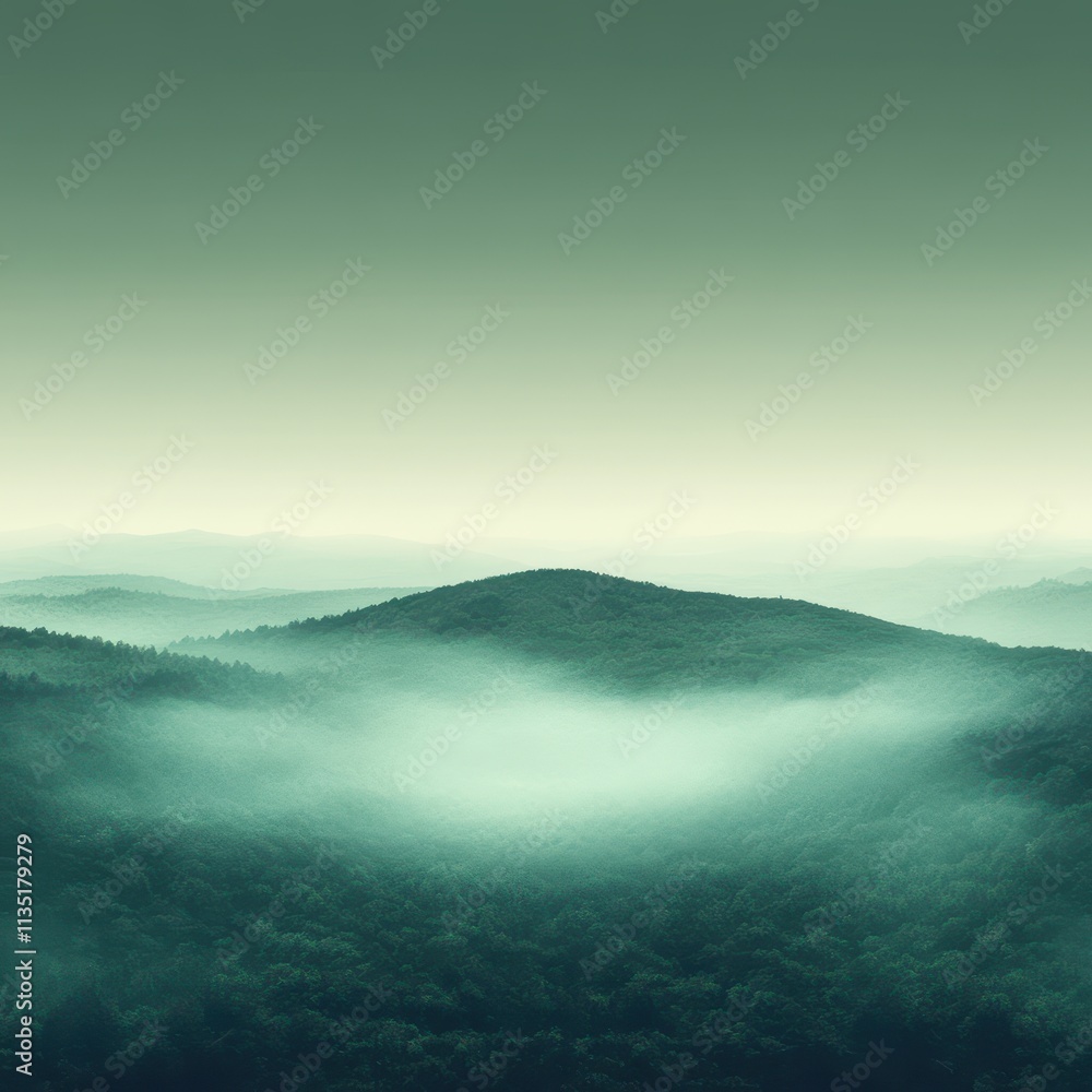 Naklejka premium Serene Foggy Mountain Landscape in Teal Tones, Misty Forest Ridges and Peaceful Hues.