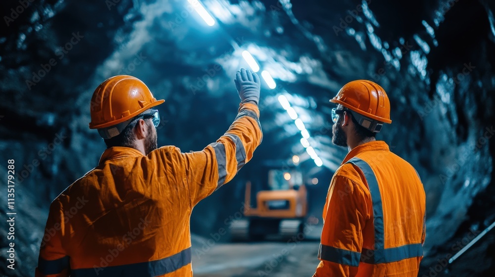 Two construction workers inspecting a tunnel under dramatic neon lighting Two construction workers inspecting a tunnel under dramatic neon lighting