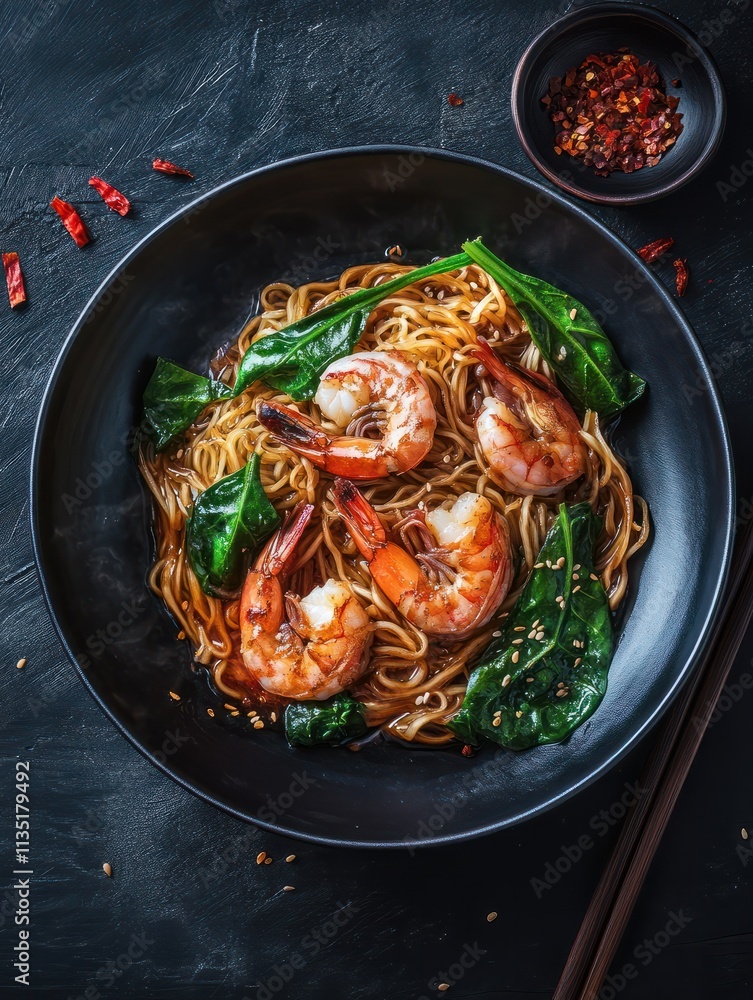 Asian food - noodles with prawns in soy sauce with spinach on black table Asian food - noodles with prawns in soy sauce with spinach on black table
